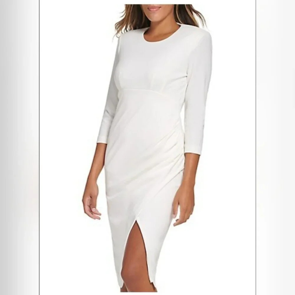 CALVIN KLEIN WOMENS SLIT KNEE-LENGTH 3/4 SLEEVE SHEATH  DRESS WITH SHOULDER PADS